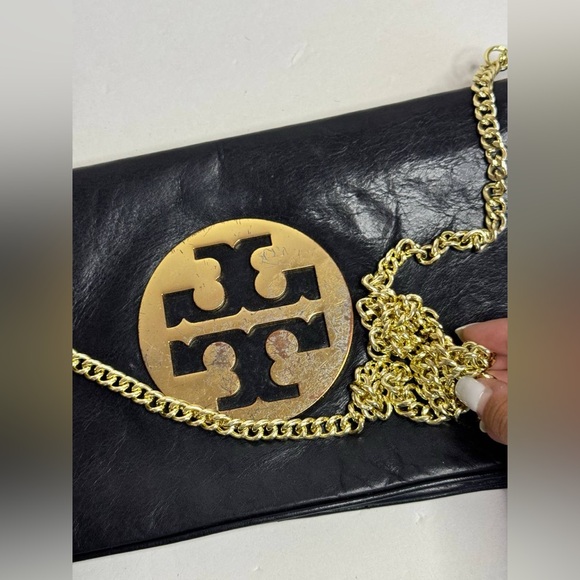 Tory Burch Reva Black Leather Fold Over Clutch Shoulder Bag Chain Strap - Picture 5 of 12